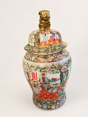 Antique Vintage Floral Asian Porcelain Lidded Vase with Gold Foo Dog Finial